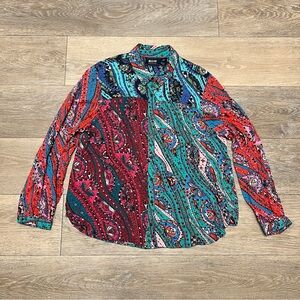 Maeve Anthropologie The Paz Button Down Shirt Turquoise Patchwork Paisley Sz LP